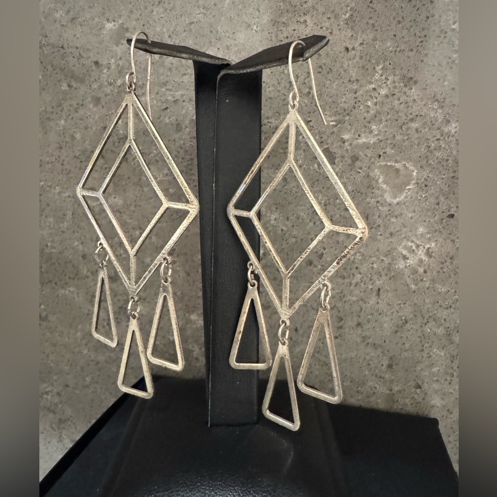 Elegant Silver Tone Geometric Chandelier Earrings